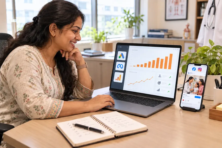 Clinic marketing manager smiling at rising Google Ads, Meta and Google Analytics results on her laptop, with a Facebook and Instagram clinic ad on her phone