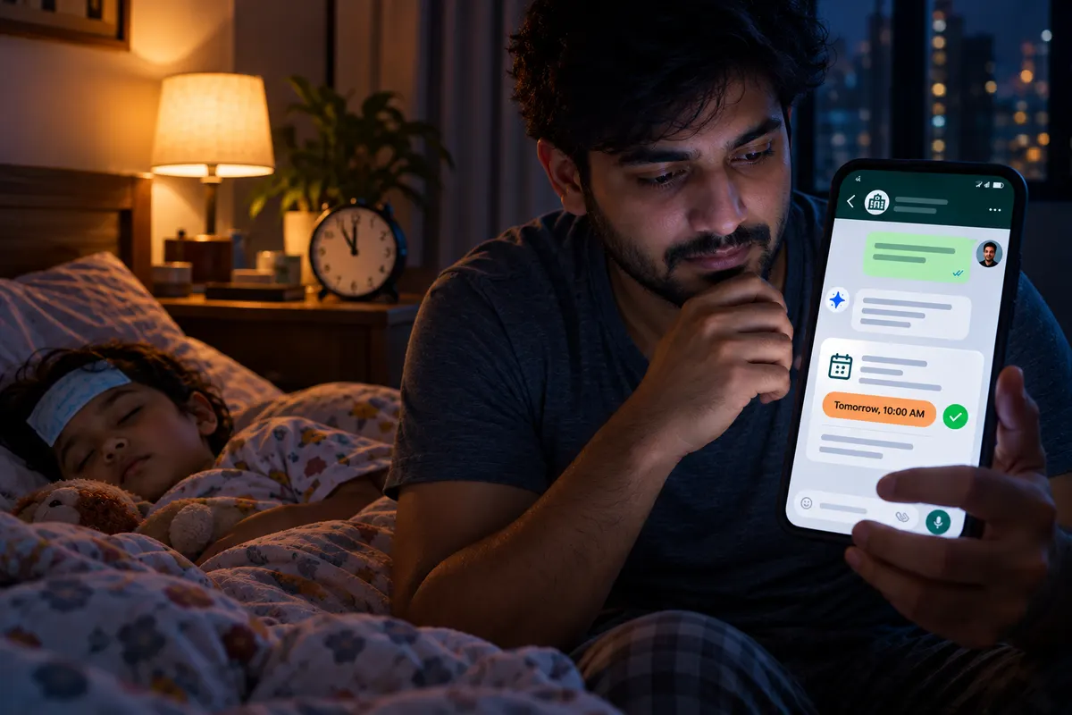 Father beside his sleeping feverish child at 11 PM, getting an instant WhatsApp reply from the clinic with an appointment booked for tomorrow morning