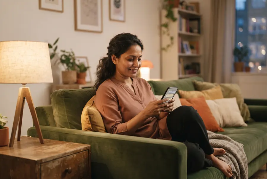 Woman at home in the evening asking an AI assistant on her phone for a doctor recommendation