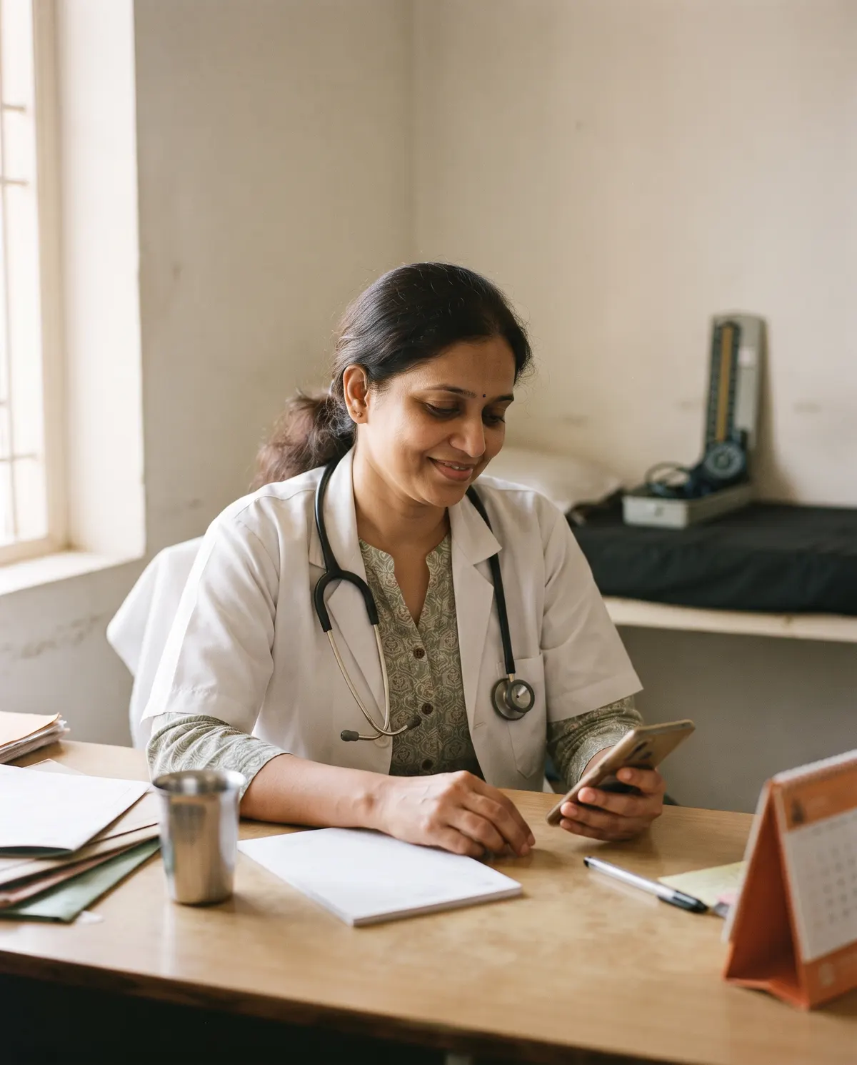 Doctor in a Hyderabad consulting room reading a patient message on her phone between appointments