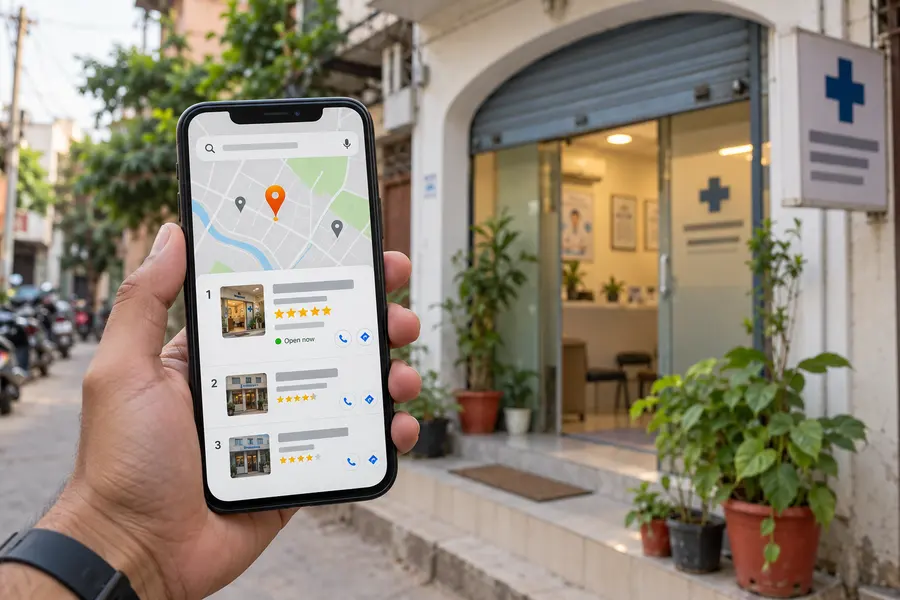 Phone showing a clinic ranked first on Google Maps with five stars and open now, held outside that clinic on a Hyderabad street