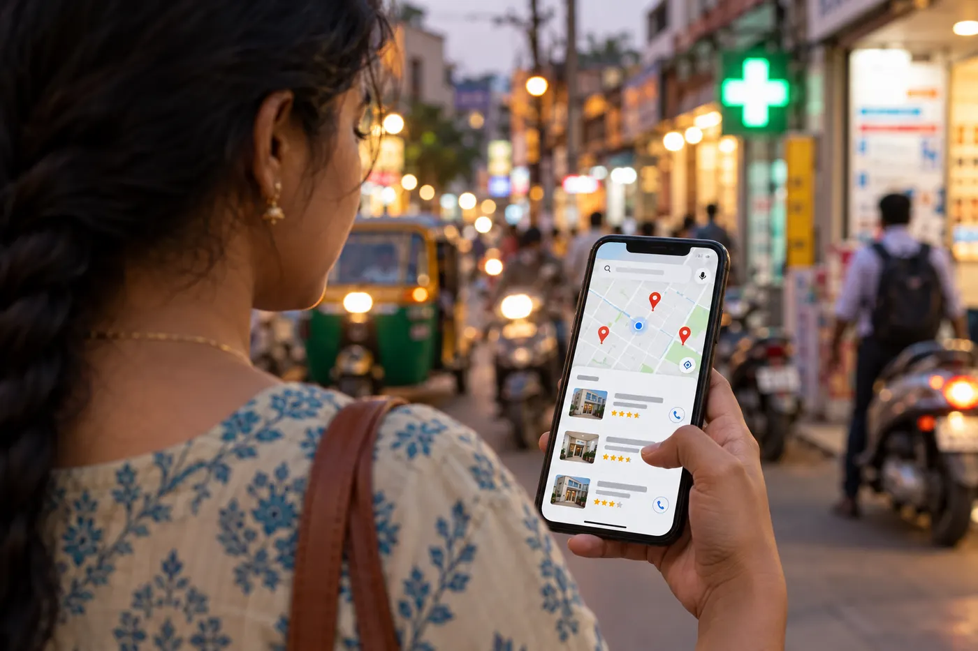Woman on a busy Hyderabad street at dusk comparing nearby clinics and their star ratings on a phone map, a pharmacy cross glowing behind
