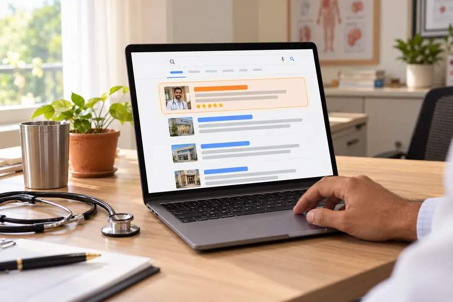 Laptop on a clinic desk showing Google search results with a doctor's clinic highlighted as the top result with five stars
