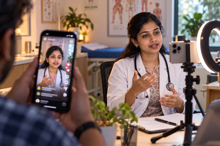 Doctor recording a short educational reel in her clinic with a phone and ring light, while the published reel plays on Instagram