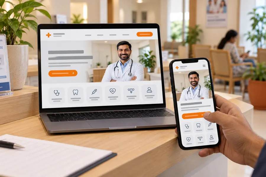The same clinic website on a laptop and a phone at a clinic reception, with the doctor's photo, treatment icons and an orange booking button